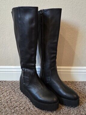 All Black Women's Black Knee-High Platform Boots with Side Zip - Size 40
